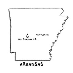 Vector hand drawn map of Arkansas AR with main cities and US National Parks. US States USNPs black and white illustrated map. Full vector global color swatch different layer for ease of use