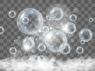 	
Air bubbles on a transparent background. Soap foam vector illustration.	
