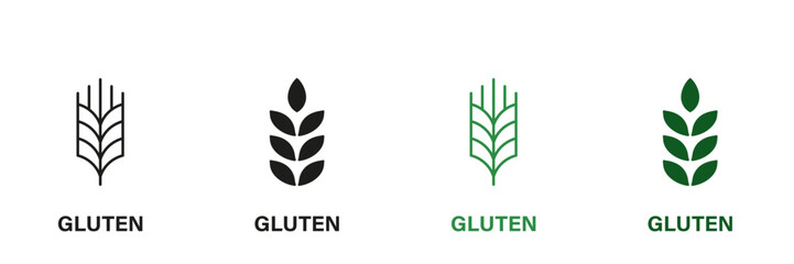 Gluten Ingredients Line and Silhouette Icon Set. Wheat Allergy Product Green and Black Pictogram. Organic Cereal Seed Symbol Collection on White Background. Isolated Vector Illustration