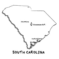 Vector hand drawn map of South Carolina SC with main cities and US National Parks. US States USNPs black and white illustrated map. Full vector global color swatch different layer for ease of use