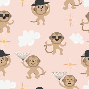 Monkey in a hat and glasses seamless pattern