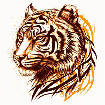 Tiger head, stylized graphics, colored image on a white background. Generative AI illustration.