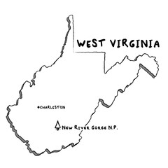 Vector hand drawn map of West Virginia WV with main cities and US National Parks. US States USNPs black and white illustrated map. Full vector global color swatch different layer for ease of use