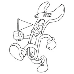 coloring illustration of cartoon wrench mascot holding a flag