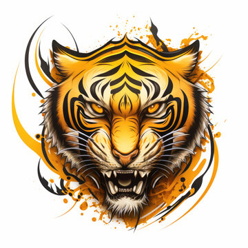 Roaring tiger head, stylized graphics, colored image on a white background. Generative AI illustration.