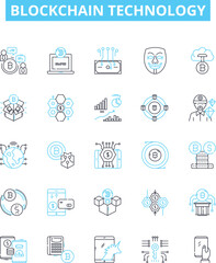 Blockchain technology vector line icons set. Blockchain, Technology, Cryptocurrency, Bitcoin, Decentralized, Ethereum, Mining illustration outline concept symbols and signs
