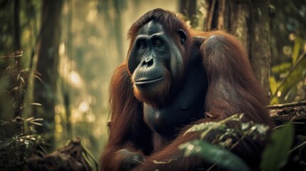 Naklejka premium Cute Orangutan captured in tropical forrest. Gen AI
