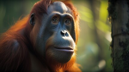 Naklejka premium Cute Orangutan captured in tropical forrest. Gen AI