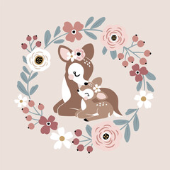 Cute vintage deer mom and baby with summer flowers.  Perfect for tee shirt logo, greeting card, poster, invitation or print design.