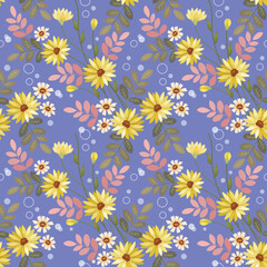 Beautiful blooming flowers on purple color background seamless pattern. Can be used for fabric textile wallpaper.