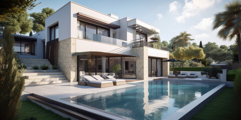 Fototapeta premium Vue extérieure d'une villa spacieuse et moderne de style Méditerranéen avec piscine et mobilier de jardin 