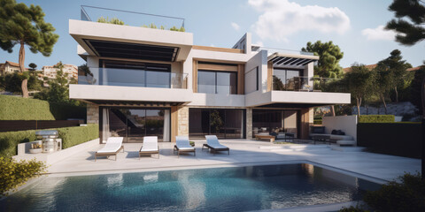 Fototapeta premium Vue extérieure d'une villa spacieuse et moderne de style Méditerranéen avec piscine et mobilier de jardin - Générer par IA