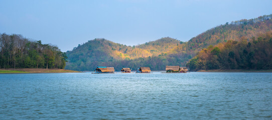 Huay Krating at Loei, Bamboo raft floating in the river in Loei province, Beautiful lake scenic...