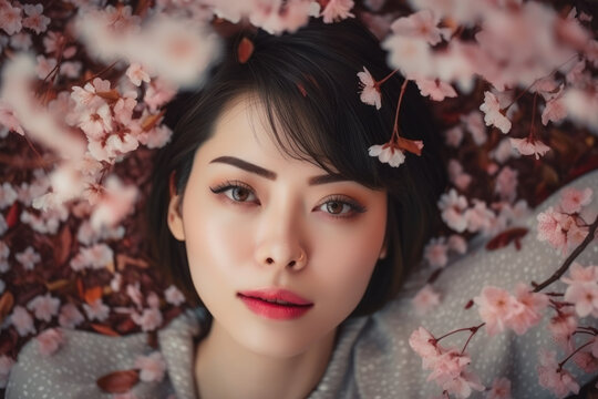 Beautiful Young Japanese woman lies surrounded by branches of cherry blossoms. Photorealistic illustration generated by AI.