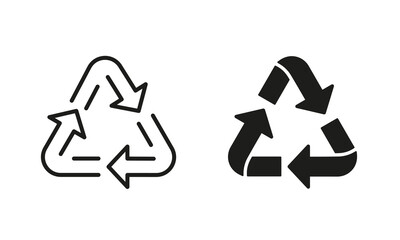 Obraz premium Ecology Reuse Triangle Arrow Line and Silhouette Icon Set. Organic Recycle Pictogram. Bio Recycling Natural Symbol Collection on White Background. Organic Waste. Isolated Vector Illustration