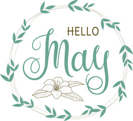 Fototapeta na wymiar Handwritten, hello May, lettering message. Modern lettering. Hello May design for cards, banners, posters. 
