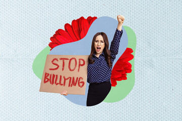 Composite photo collage of young excited activist business worker lady raise fist up scream against...