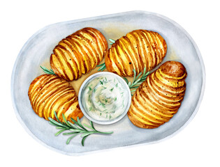 Hasselback potatoes with sauce. Watercolor illustration