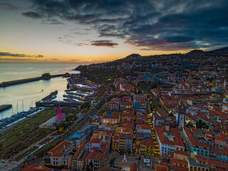 Aerial view of Funchal, Madeira Island, Portugal, at sunset