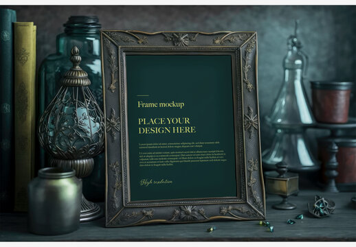 Detailed Bronze Picture Frame Mockup on Table with Vases Generative AI