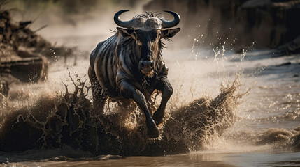 Wildebeest Jumping into Flowing Muddy River