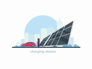 Fototapeta premium Electric car is charging. Charging station and solar panels on the background of the cityscape. Illustration of Renewable energy.