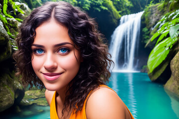 Portrait of a beautiful woman in a bikini on the ocean against the backdrop of palm trees. The girl looks directly into the frame on the beach. Generative AI