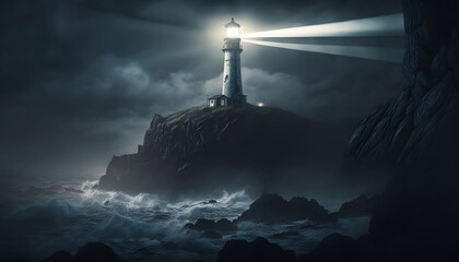 lighthouse in the ocean at night, generative AI