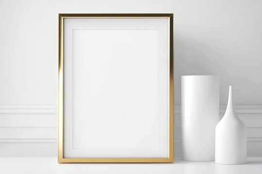 Picture frame mockup. Empty poster with white decorations. Minimal design. Generative AI