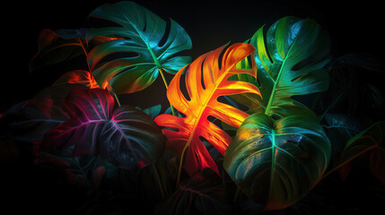 Fototapeta na wymiar Lush colorful tropical leaves, dark background. AI 