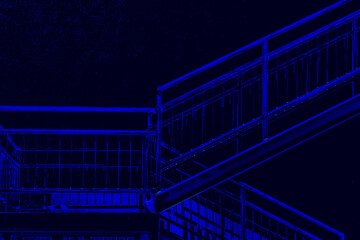 Blue metallic staircase landing and wall in dark blue night moonlight 