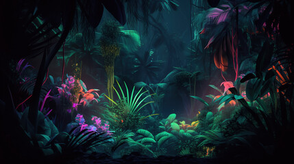 Obraz na płótnie Canvas Night tropical jungle background. Atmospheric colorful rainforest. AI