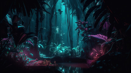 Night tropical jungle background. Atmospheric colorful rainforest. AI