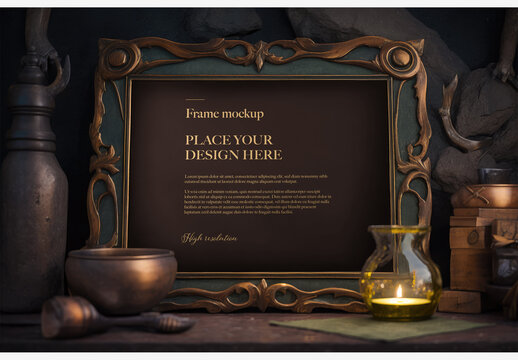 Bronze Picture Frame Mockup on Table with Vases Generative AI