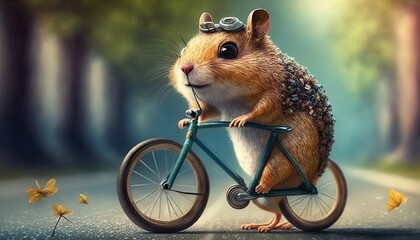 a cute little furry animal is riding a bicycle on the road