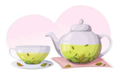 Illustration with cup of tea, teapot and tea leaves on white background