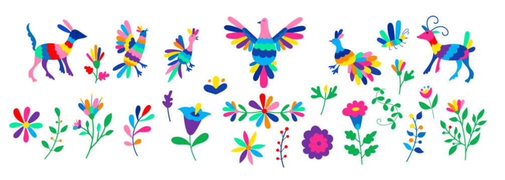 Mexican otomi embrodery ornament. Colorful Mexican Traditional Textile Embroidery Style. Folk otomi style graphic, wallpaper. Festive mexican floral motif