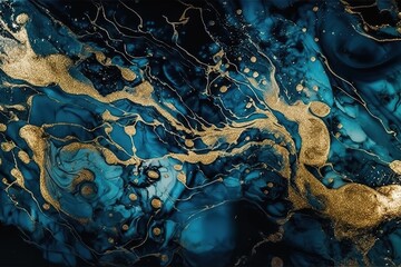 Luxury marble and gold abstract background texture. Aqua Menthe, Phantom Blue, Indigo ocean blue marbling with natural luxury style swirls of marble and gold powder. , Generative AI