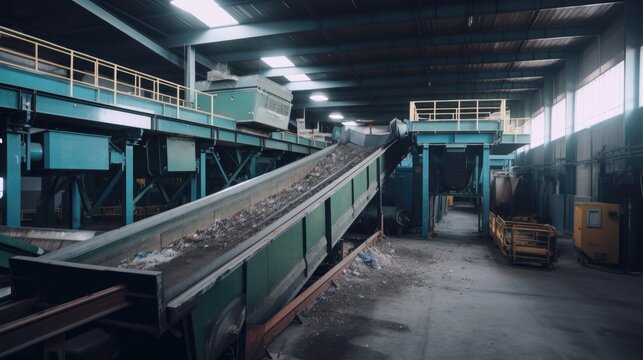 moving conveyor transporter on Modern waste recycling processing plant. Separate and sorting garbage collection. generative ai