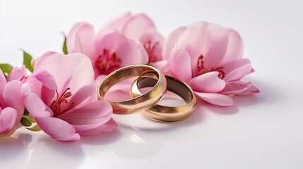 Pink flowers and two golden wedding rings on white background. generative ai