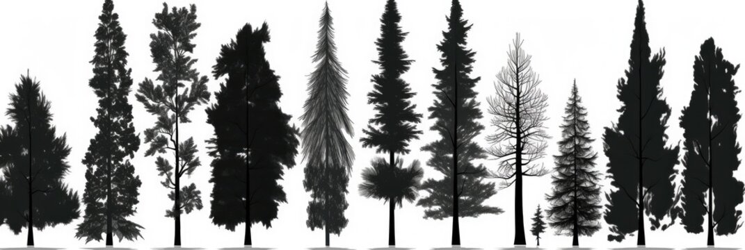 Pine tree silhouettes. Evergreen forest firs and spruces black shapes, wild nature trees templates. Vector illustration woodland trees set on white background, generative ai