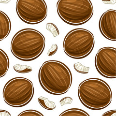Fototapeta na wymiar Vector Coconut Seamless Pattern, decorative repeat background with cut out illustration of whole coconut and pieces with ripe flesh for wrapping paper, group of flat lay coconut nuts for home interior