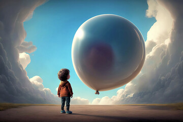 A Boy's Wonder at a Giant Balloon in the Sky. Generative AI