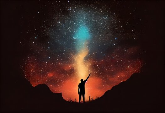 A silhouette of a person reaching for the stars. Evoke feelings of hope and inspiration.