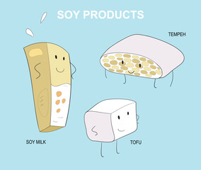 Popular soy products in a cartoony style.