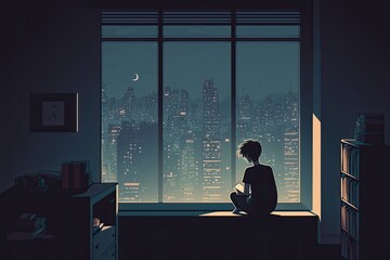 Fototapeta premium Lonely boy is reading book in the room near the window, at night, with beautiful cityscape outside. Created by Generative AI techonology.