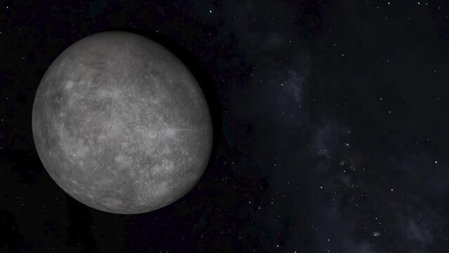 Planet Mercury on the background of the starry sky. Text space on the right.