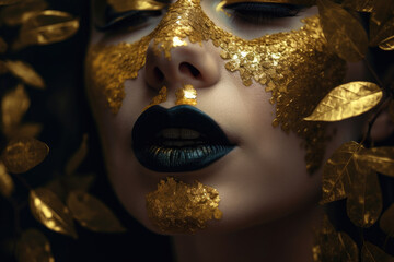 Closeup of a woman with golden makeup and black lips, background, Generative Ai