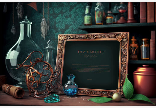    Wizard Picture Frame Mockup on Table with a Vases and Books Generative AI   