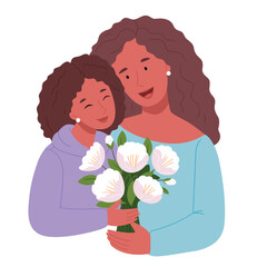 Daughter gives mother a bouquet.Black family.Mother's day.Flat.Hand style.